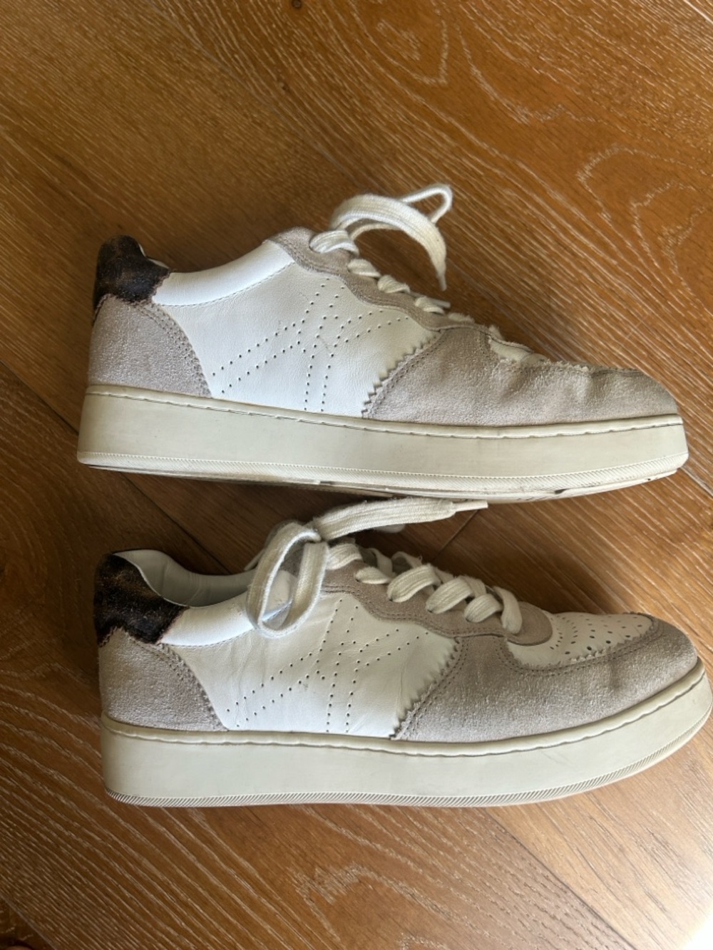 Veronica Beard Lennox White Leather and Taupe Suede-Trim Sneakers -Leopard Print - Picture 10 of 11